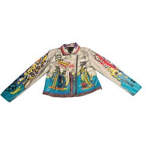 Robert Phillipe Womens Multicolor Leather Graphic Print Motorcycle Jacket XL